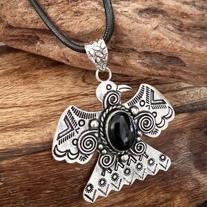 925 Sterling Silver Eagle Onyx Necklace Gemstone Mens Womens Jewelry 2.4"